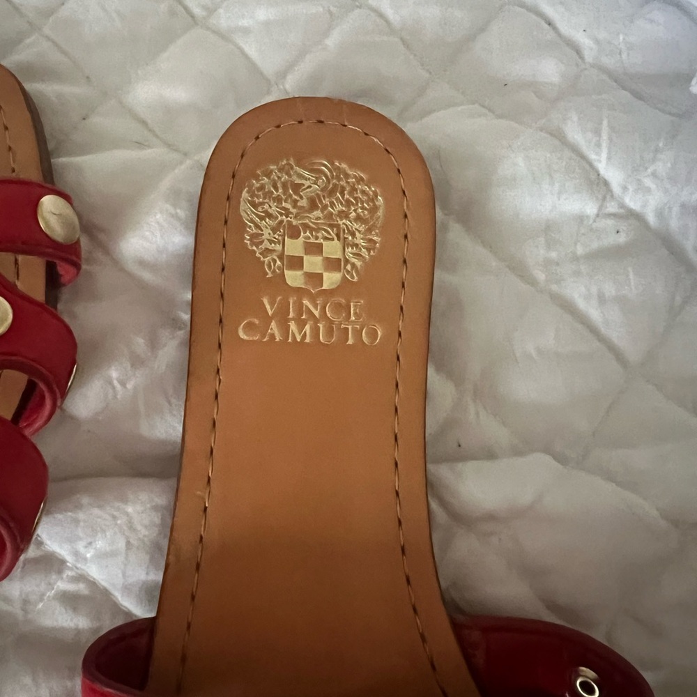 Vince Camuto Red Braided Leather Slide Sandals with Gold Studs - Picture 3 of 5